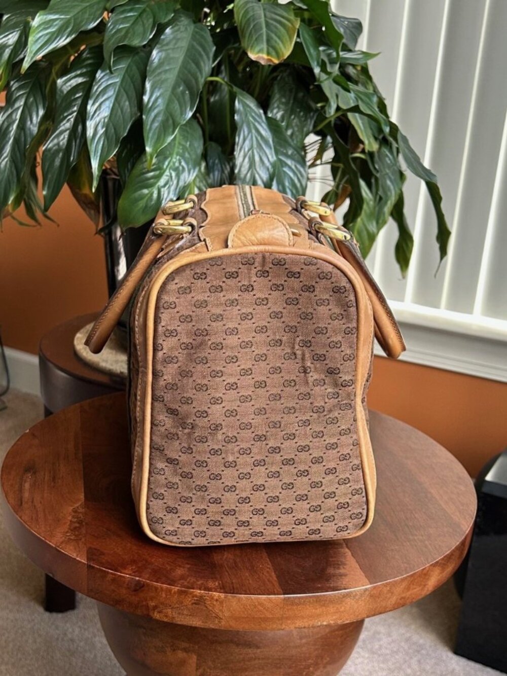 GUCCI Monogram Vintage Web Boston Bag Brown Tan Rare - Picture 5 of 15